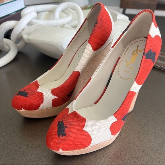 YSL Red Floral Canvas Wedge Heels - Size 40 - Picture 3 of 10